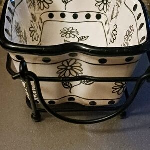 Floral Ceramic Basket with Black Metal Stand
